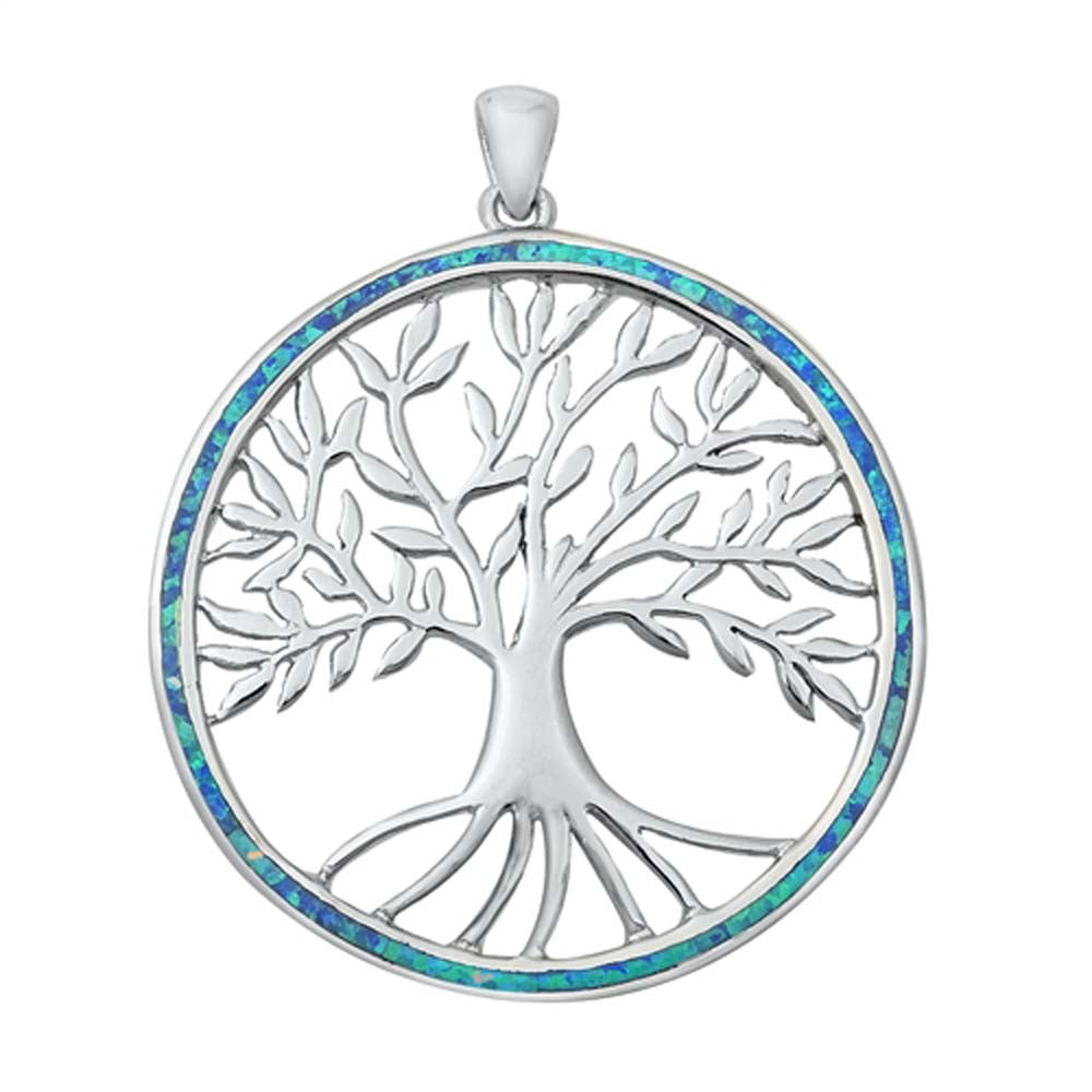 Sterling Silver Blue Lab Opal Tree of Life with Roots Pendant