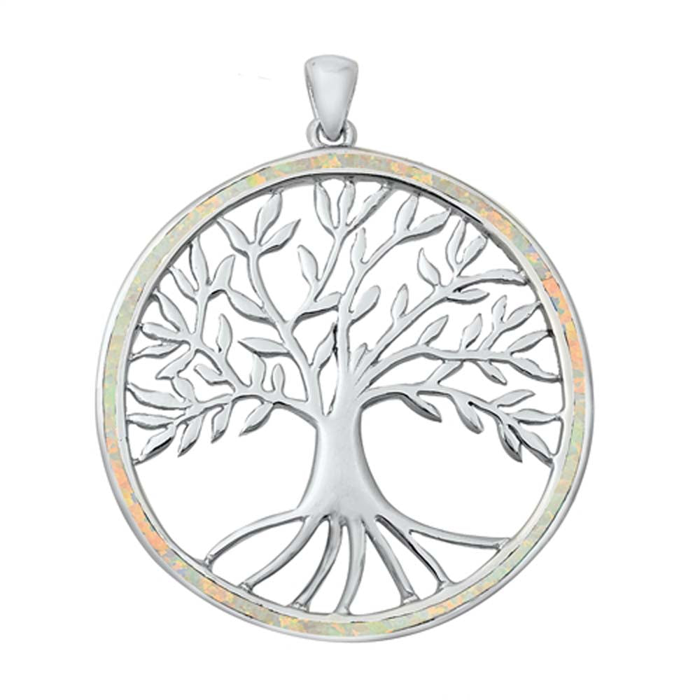 Sterling Silver White Lab Opal Tree of Life with Roots Pendant