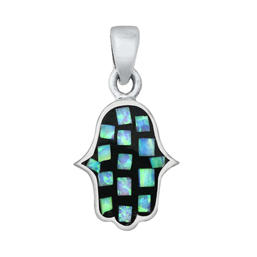 Sterling Silver Blue Lab Opal Hamsa Pendant