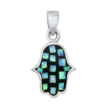 Load image into Gallery viewer, Sterling Silver Blue Lab Opal Hamsa Pendant