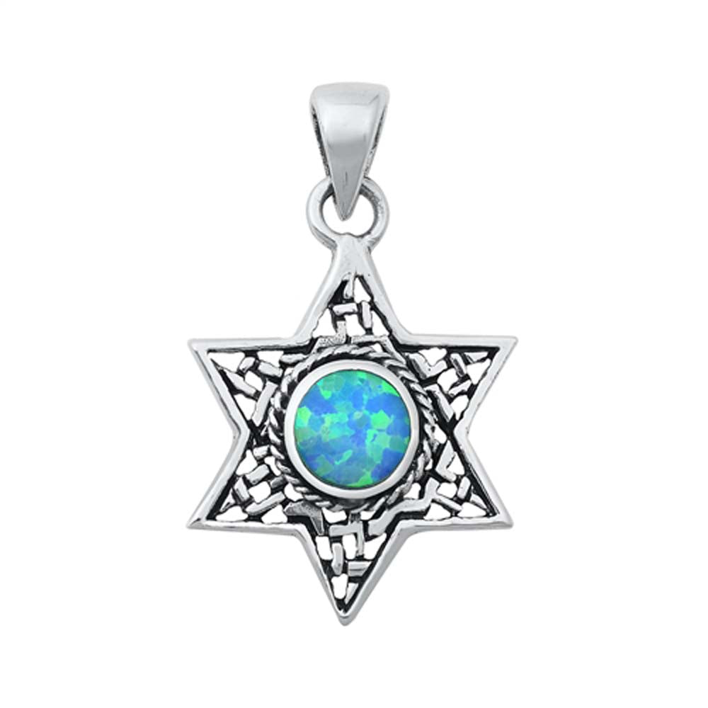 Sterling Silver Blue Lab Opal Jewish Star Pendant