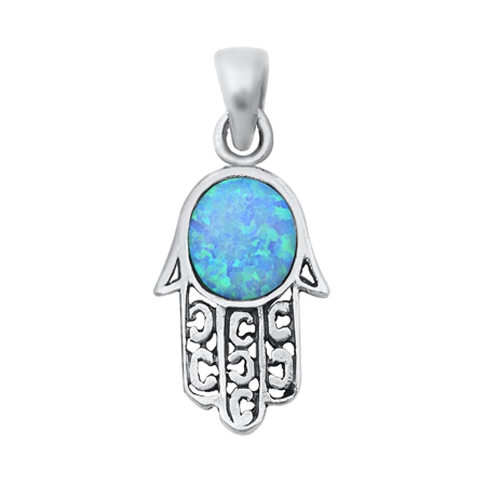 Sterling Silver Light Blue Lab Opal Hamsa Pendant