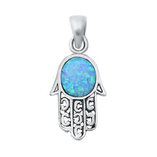 Load image into Gallery viewer, Sterling Silver Light Blue Lab Opal Hamsa Pendant