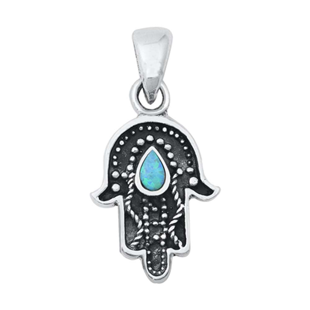 Sterling Silver Blue Lab Opal Hamsa Pendant