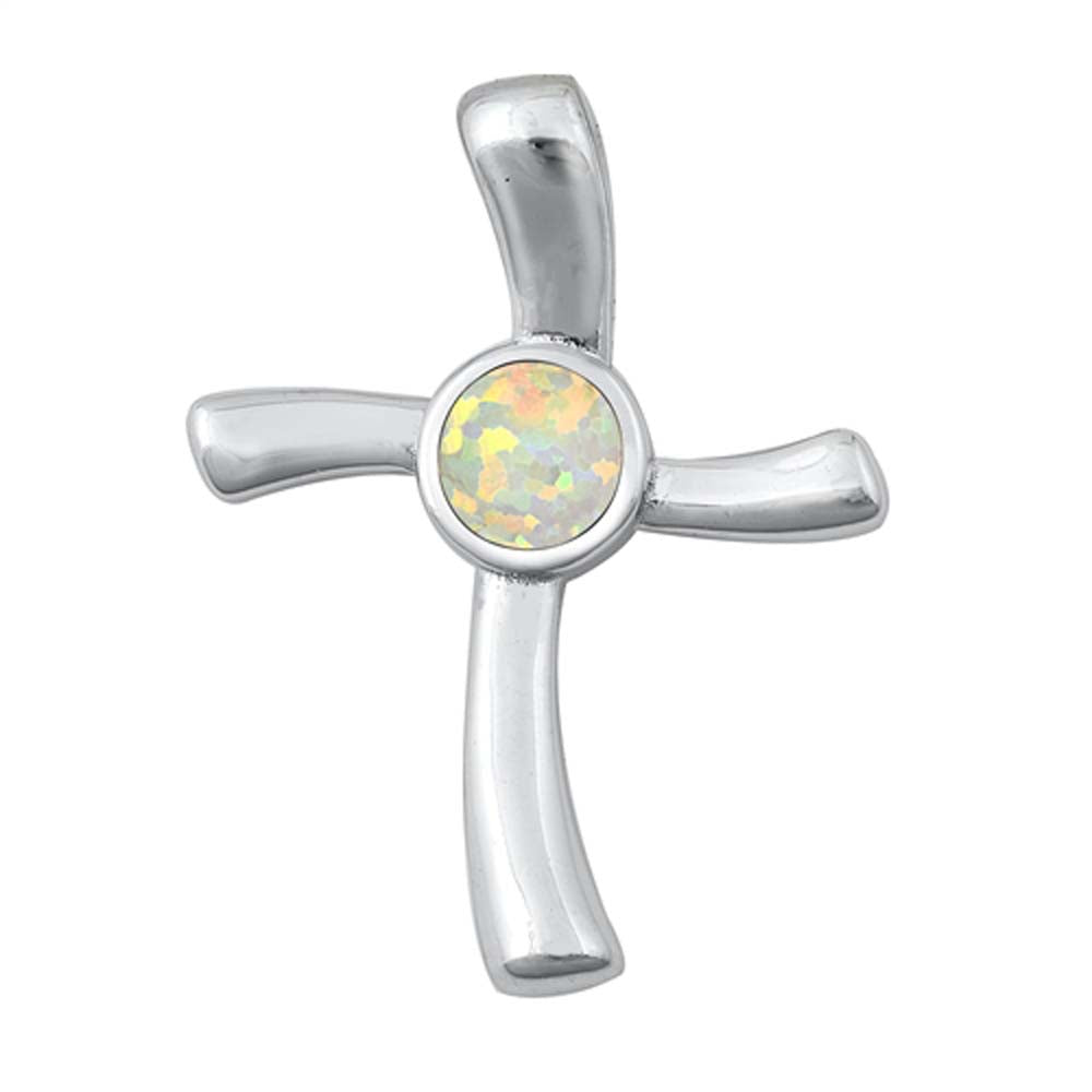 Sterling Silver Cross White Lab Opal Pendant