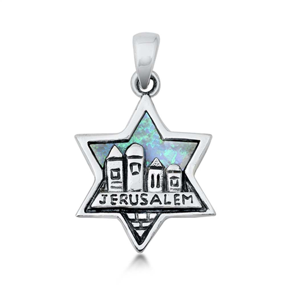 Sterling Silver Light Blue Lab Opal Jerusalem Pendant