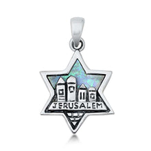 Load image into Gallery viewer, Sterling Silver Light Blue Lab Opal Jerusalem Pendant