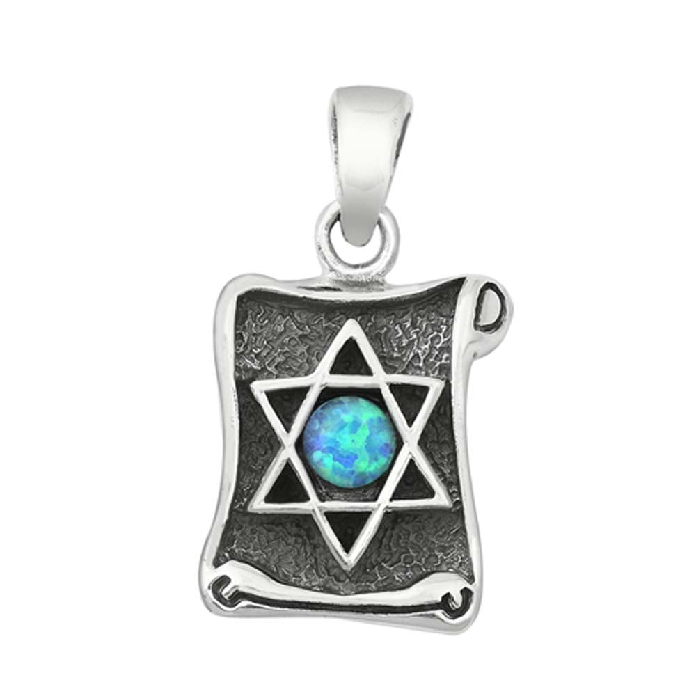 Sterling Silver Blue Lab Opal Jewish Star on Scroll Pendant