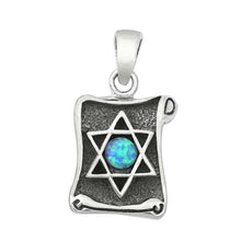 Load image into Gallery viewer, Sterling Silver Blue Lab Opal Jewish Star on Scroll Pendant