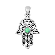 Load image into Gallery viewer, Sterling Silver Light Blue Lab Opal Hamsa Pendant