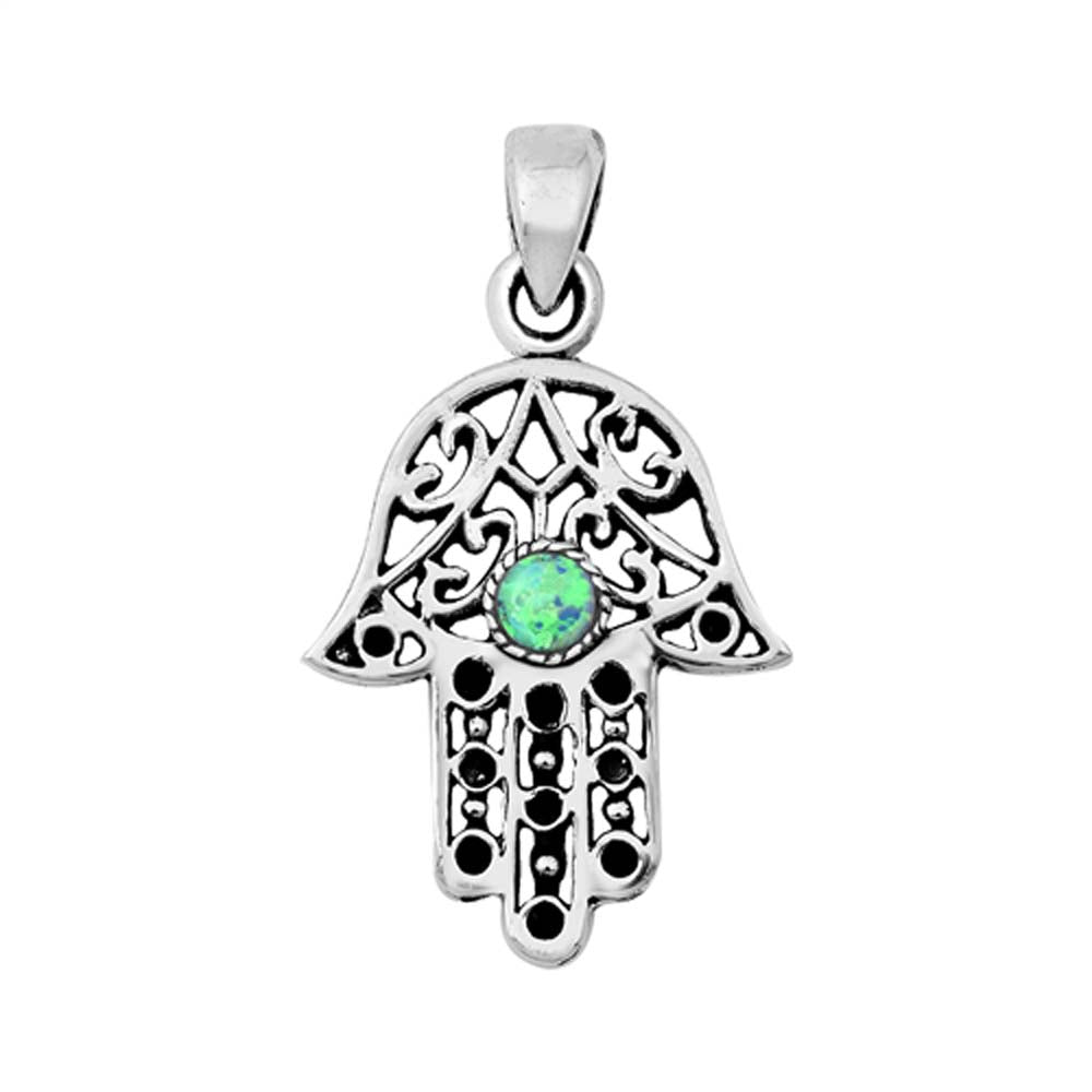 Sterling Silver Light Blue Lab Opal Hamsa Pendant