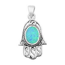 Load image into Gallery viewer, Sterling Silver Light Blue Lab Opal Hamsa Pendant