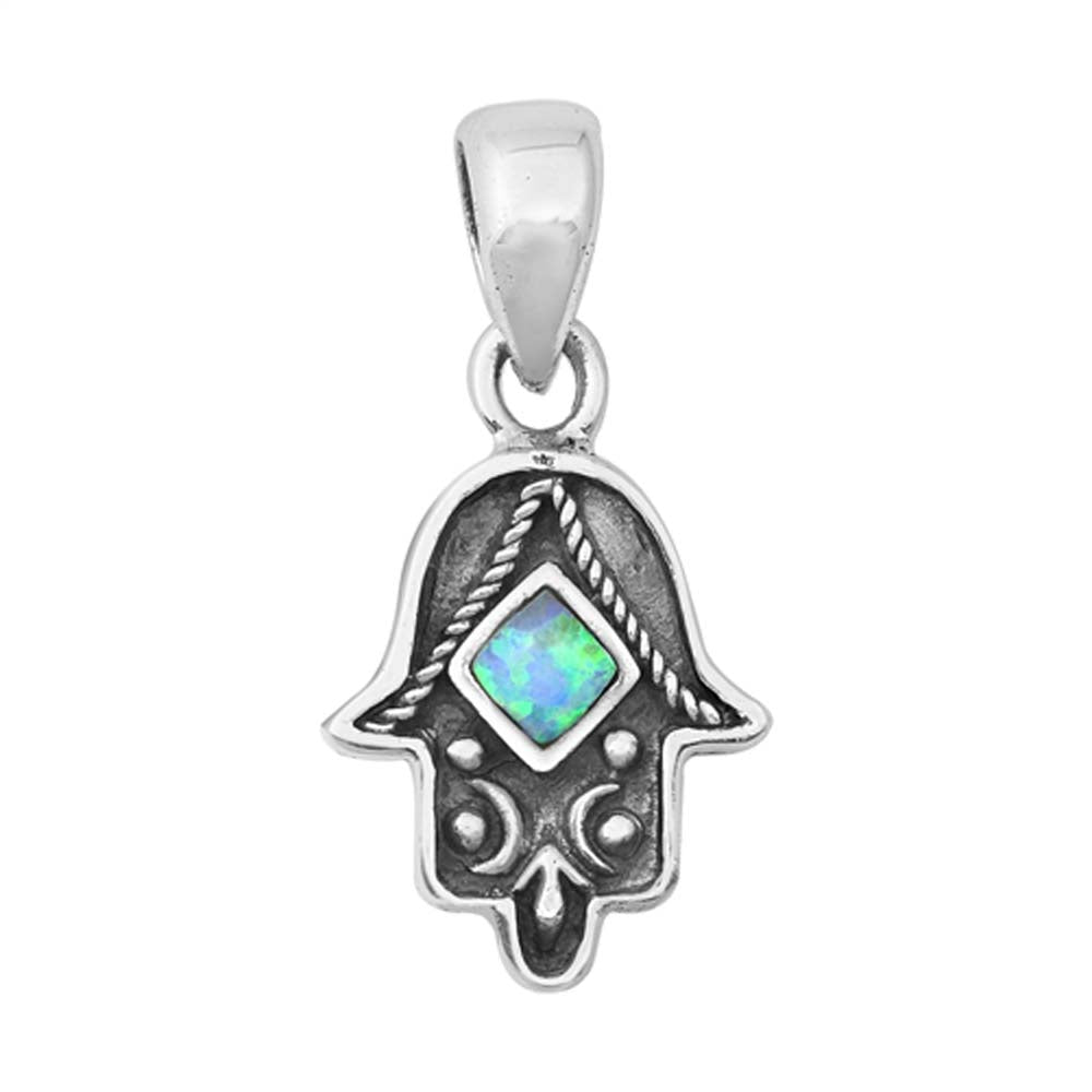 Sterling Silver Light Blue Lab Opal Hamsa Pendant