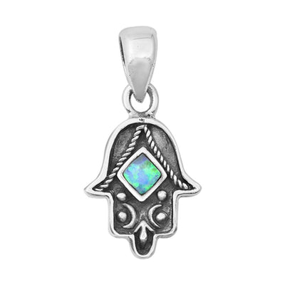 Sterling Silver Light Blue Lab Opal Hamsa Pendant