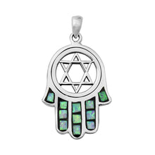 Load image into Gallery viewer, Sterling Silver Light Blue Lab Opal Hamsa and Jewish Star Pendant