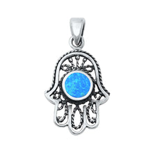 Load image into Gallery viewer, Sterling Silver Light Blue Lab Opal Hamsa Pendant