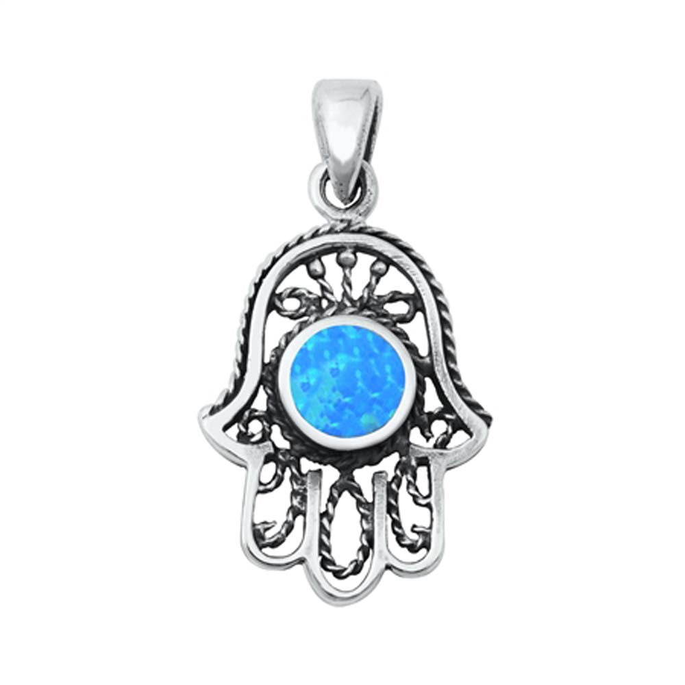 Sterling Silver Light Blue Lab Opal Hamsa Pendant