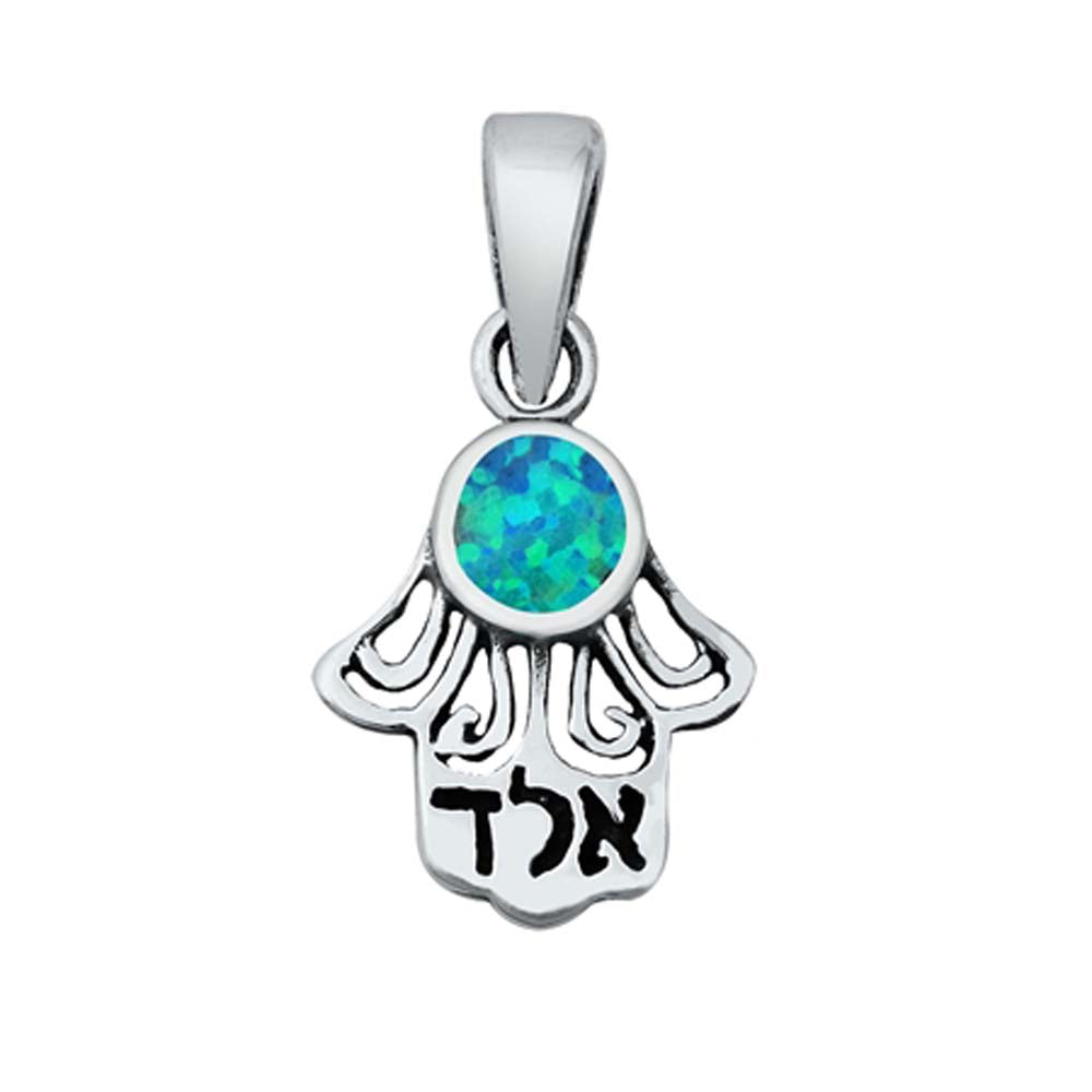 Sterling Silver Light Blue Lab Opal Hamsa Pendant