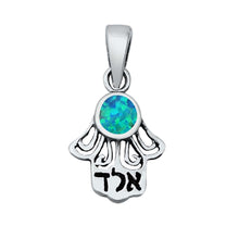 Load image into Gallery viewer, Sterling Silver Light Blue Lab Opal Hamsa Pendant