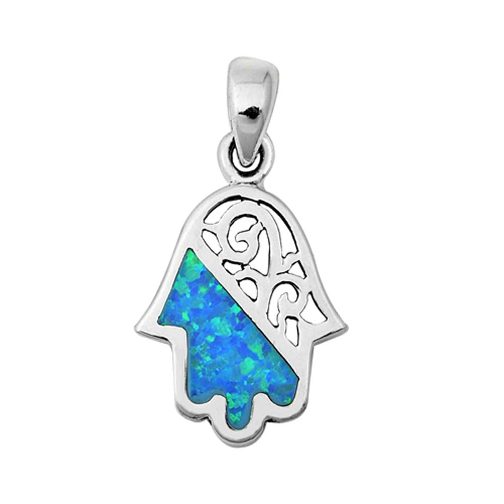 Sterling Silver Light Blue Lab Opal Hamsa Pendant