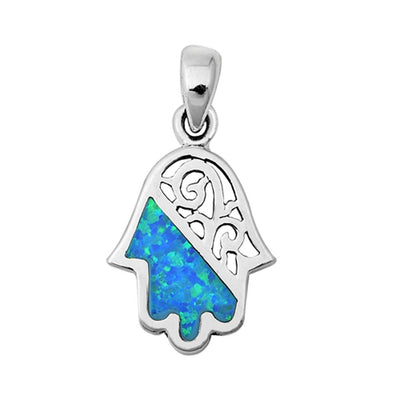 Sterling Silver Light Blue Lab Opal Hamsa Pendant