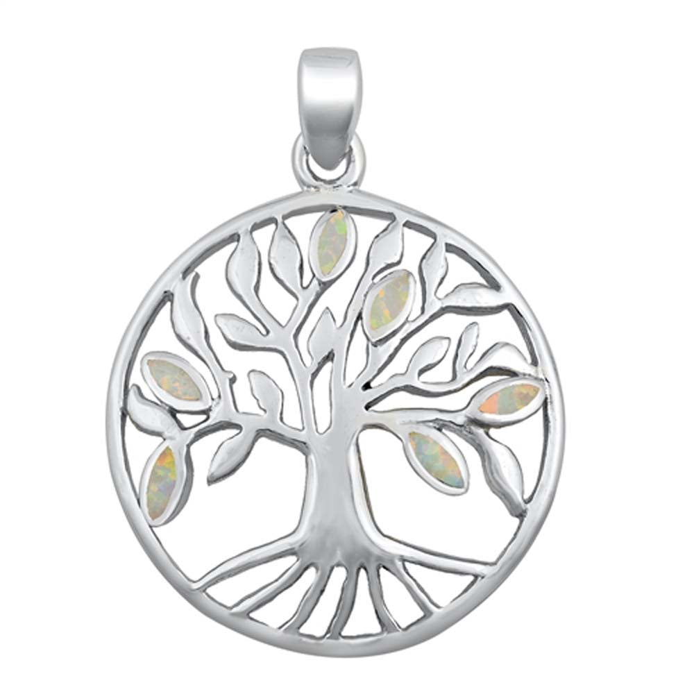 Sterling Silver Tree of Life White Lab Opal Pendant