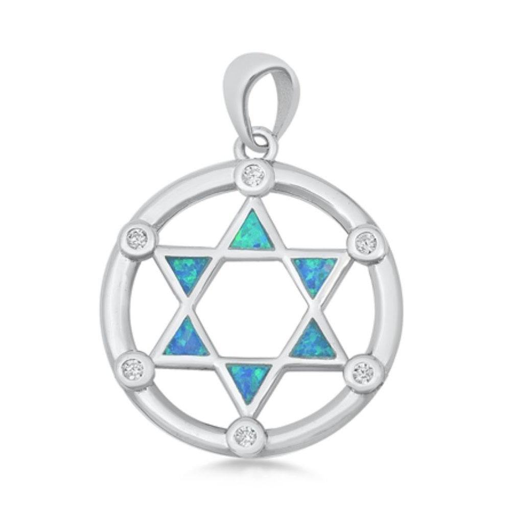 Sterling Silver Blue Lab Opal Jewish Star Pendant - silverdepot