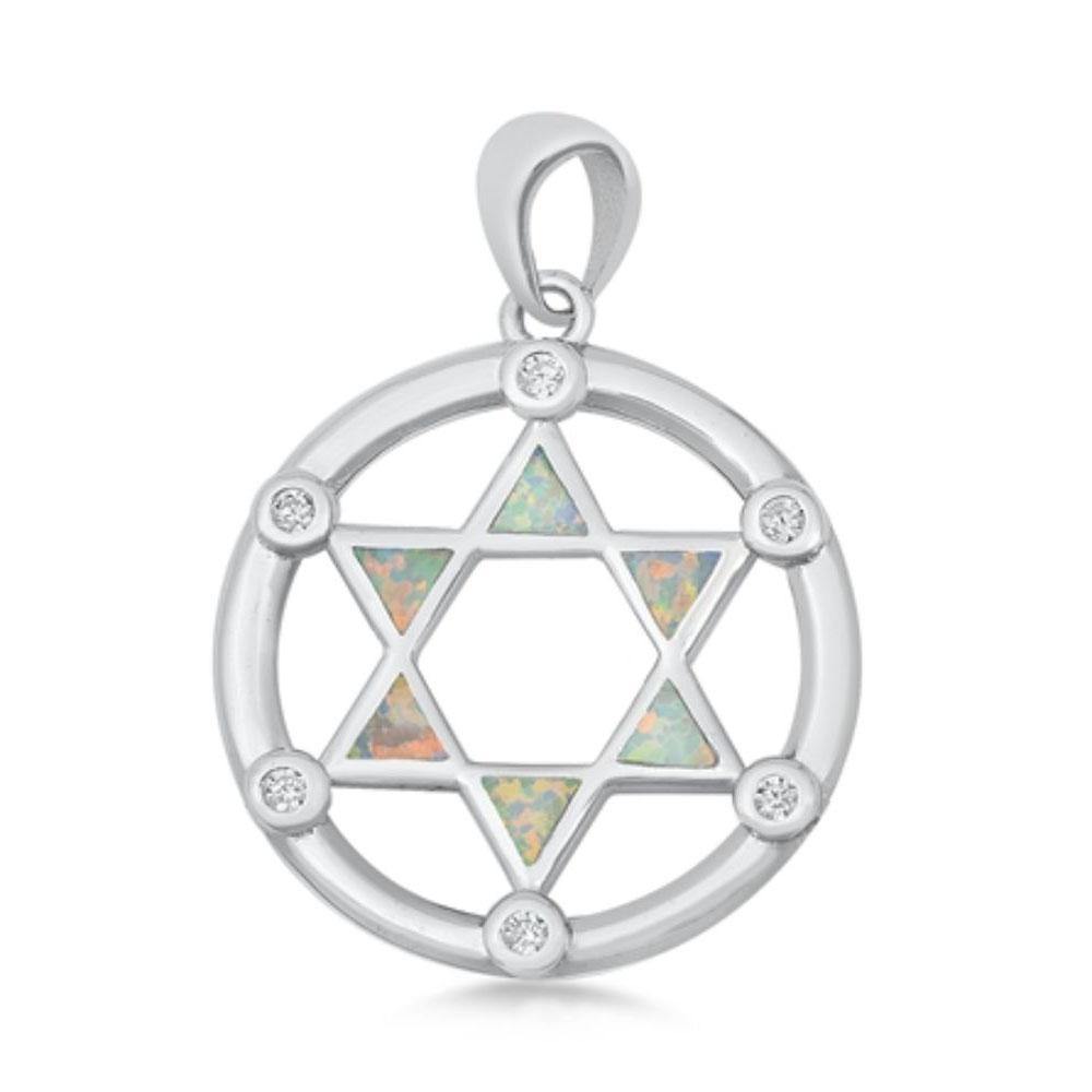 Sterling Silver White Lab Opal Jewish Star Pendant - silverdepot