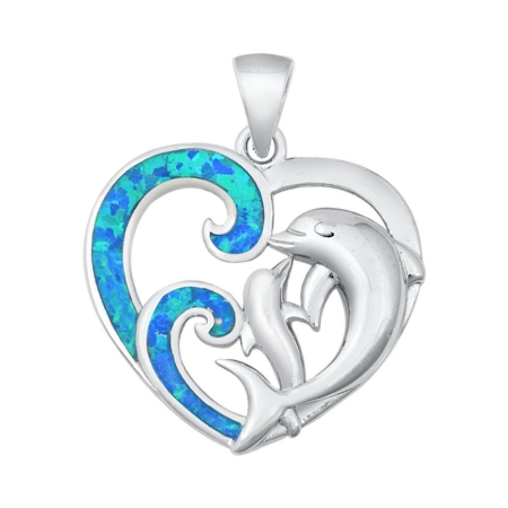Sterling Silver Blue Lab Opal Dolphins Pendant - silverdepot