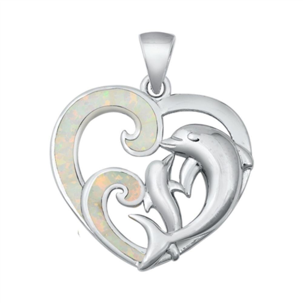 Sterling Silver White Lab Opal Dolphins Pendant - silverdepot