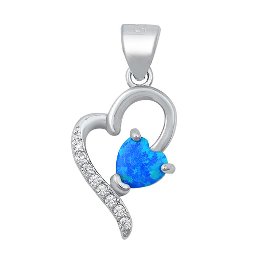 Sterling Silver Heart Blue Lab Opal and Clear CZ Pendant