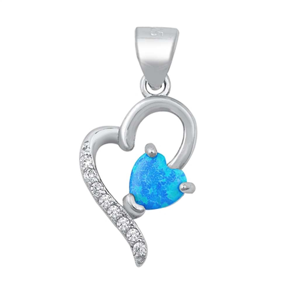 Sterling Silver Heart Light Blue Lab Opal and Clear CZ Pendant