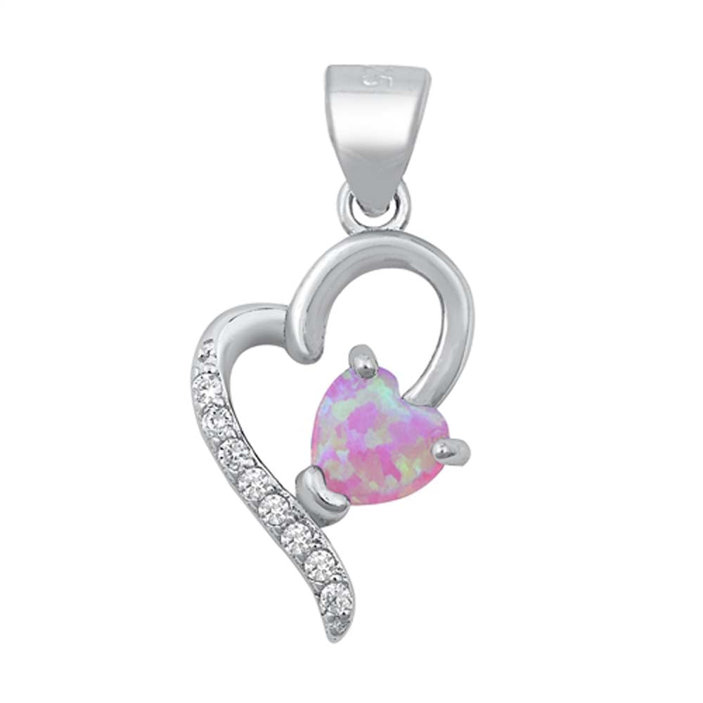 Sterling Silver Heart Pink Lab Opal and Clear CZ Pendant