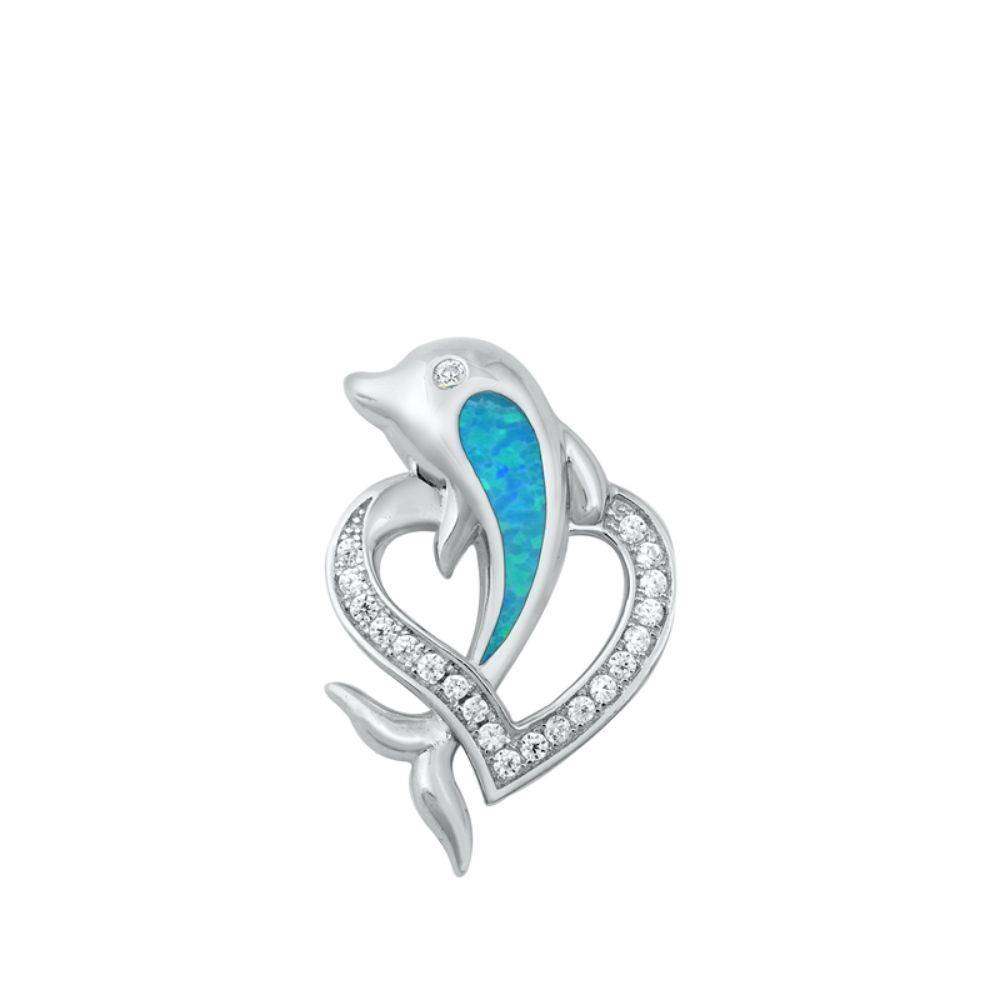 Sterling Silver Dolphin Heart Blue Lab Opal Pendant - silverdepot