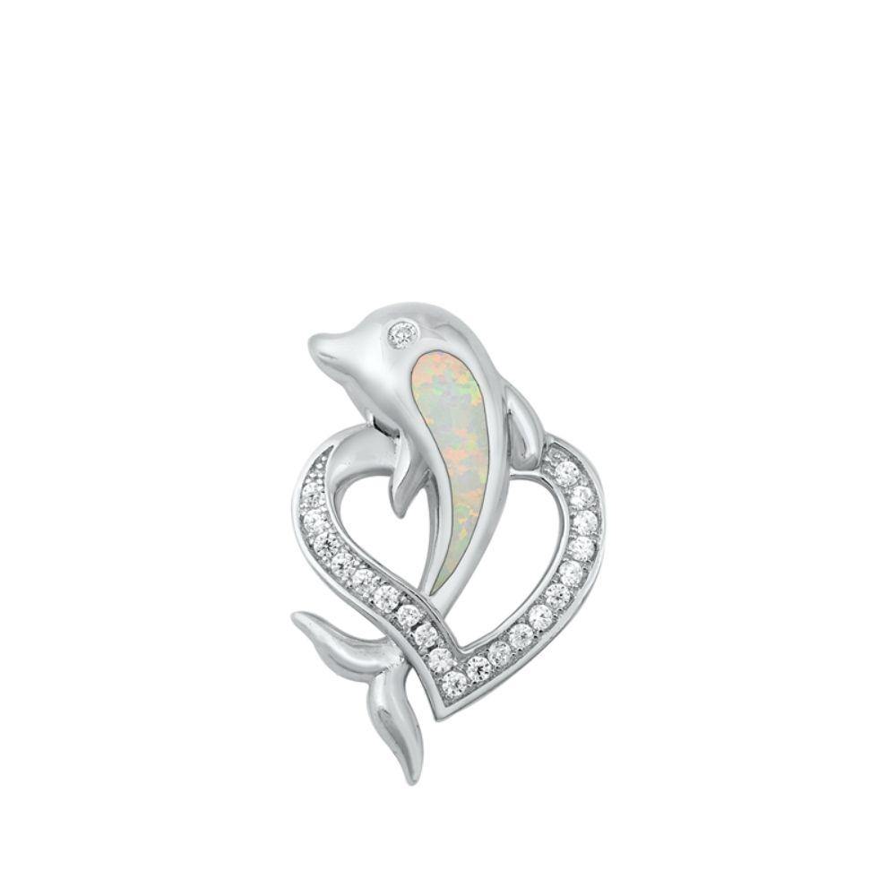 Sterling Silver Dolphin Heart White Lab Opal Pendant - silverdepot