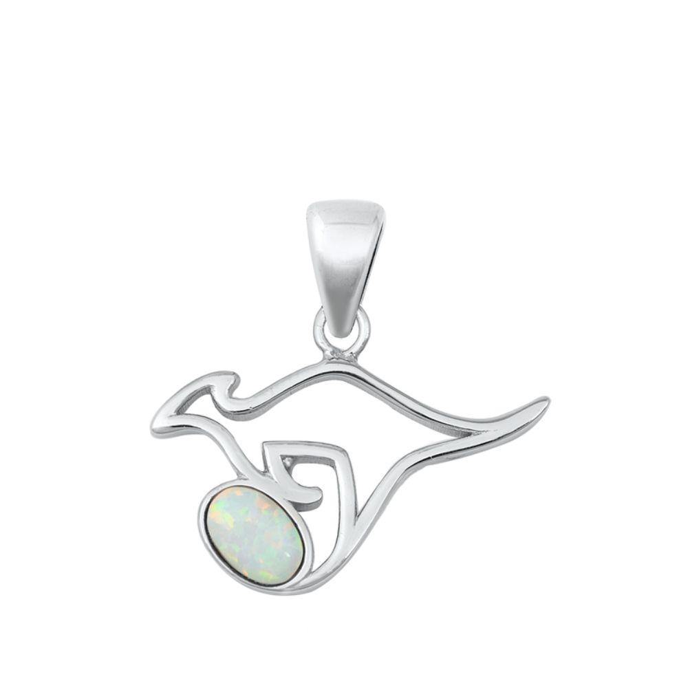 Sterling Silver Kangaroo White Lab Opal Pendant - silverdepot