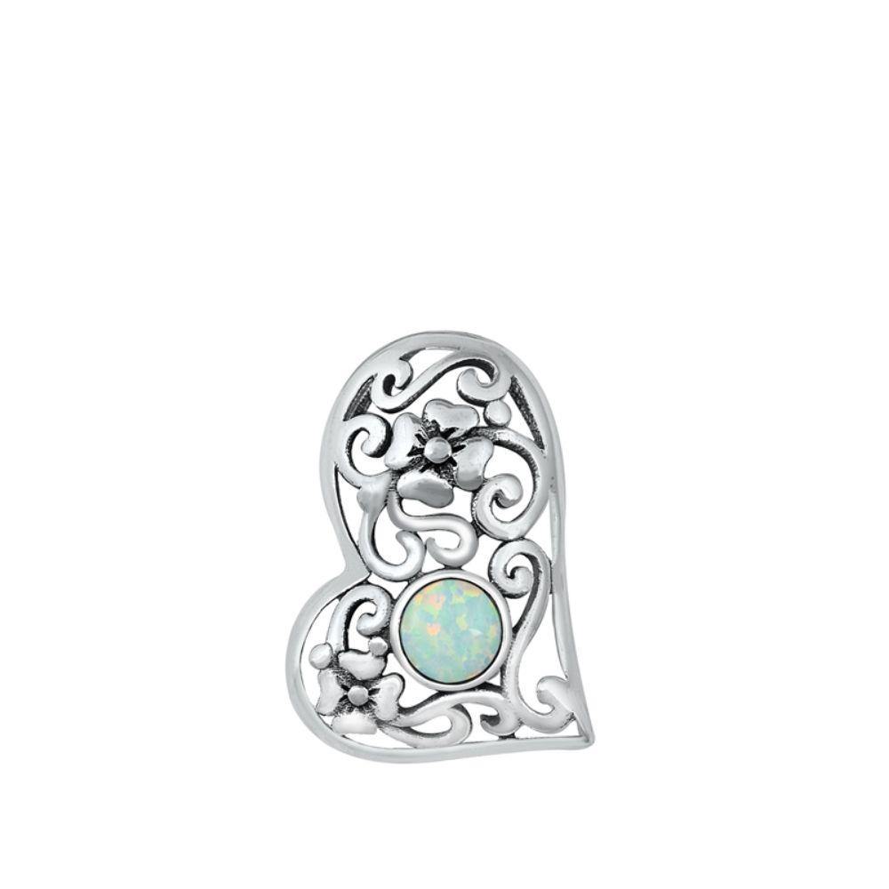 Sterling Silver Heart White Lab Opal Pendant - silverdepot