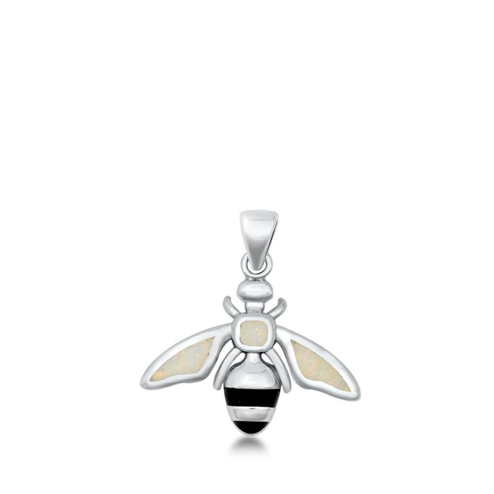 Sterling Silver Bee White Lab Opal Pendant - silverdepot