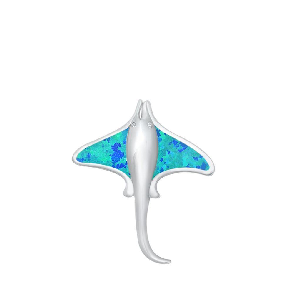 Sterling Silver Manta Ray Blue Lab Opal Pendant - silverdepot