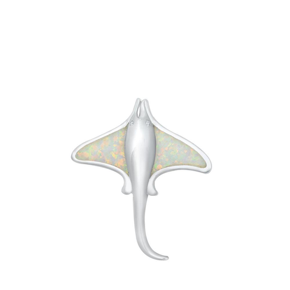 Sterling Silver Manta Ray White Lab Opal Pendant - silverdepot