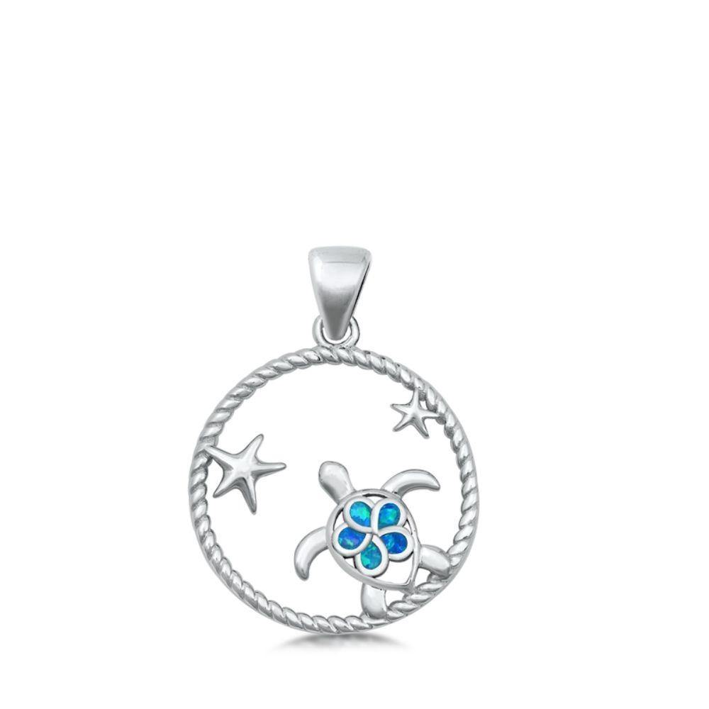 Sterling Silver Turtle and Starfish Blue Lab Opal Pendant - silverdepot