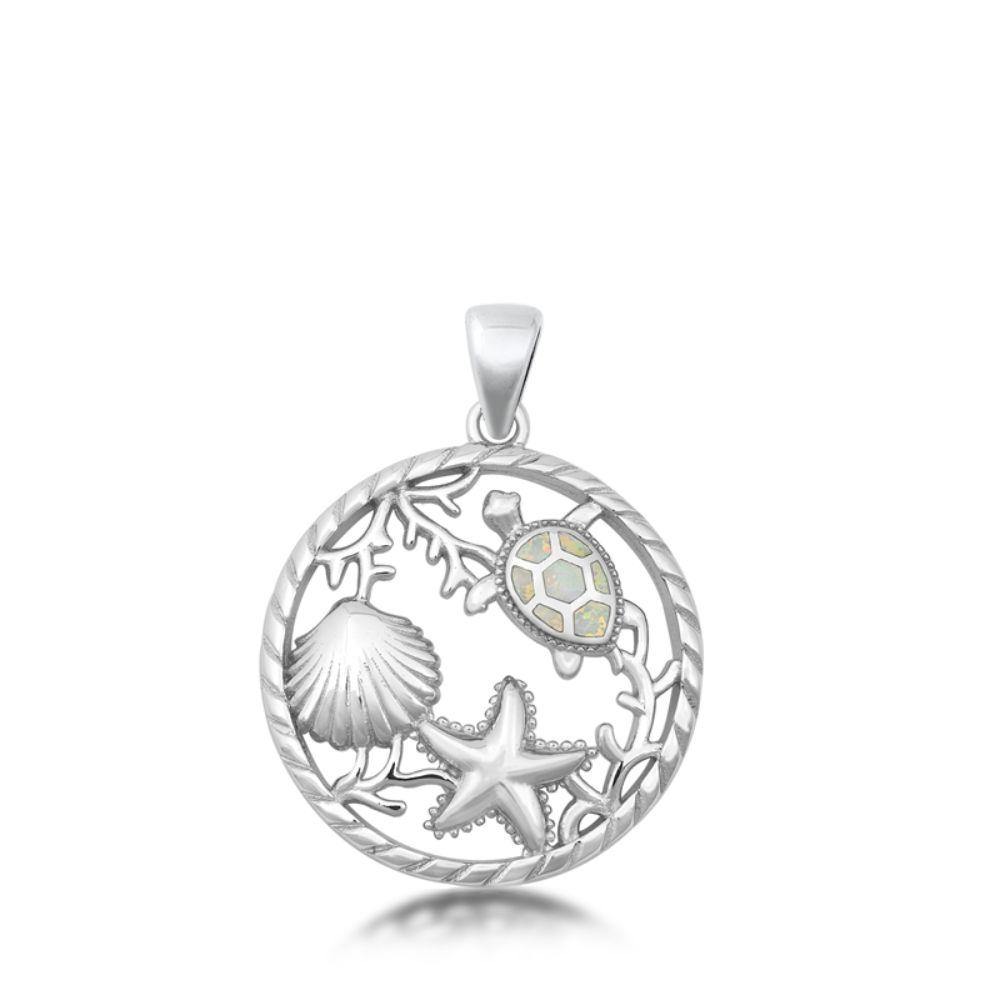 Sterling Silver Sea Life White Lab Opal Pendant - silverdepot