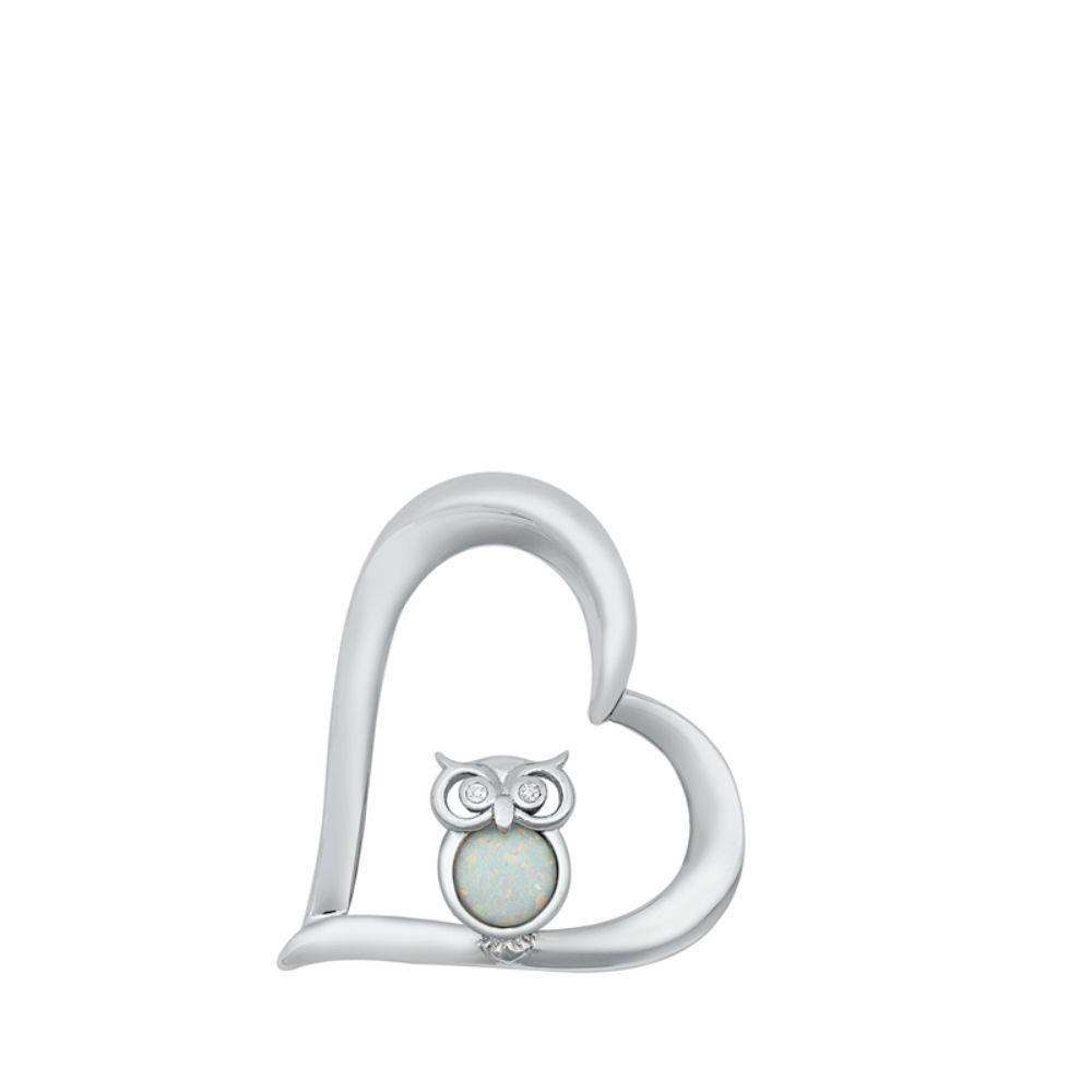 Sterling Silver Heart & Owl White Lab Opal Pendant - silverdepot