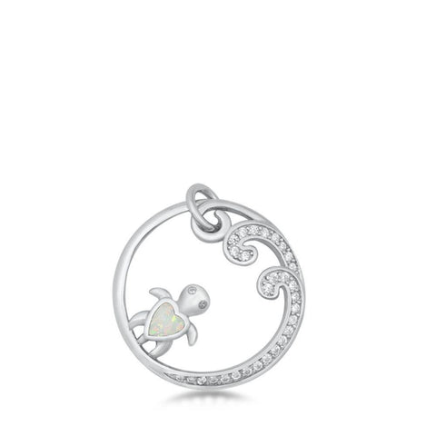 Sterling Silver Turtle and Wave White Lab Opal Pendant