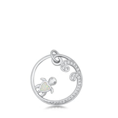 Sterling Silver Turtle and Wave White Lab Opal Pendant
