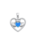Sterling Silver Claddagh in Heart 19mm Blue Lab Opal Pendant
