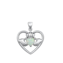 Load image into Gallery viewer, Sterling Silver Claddagh in Heart 19mm White Lab Opal Pendant