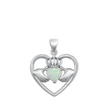 Sterling Silver Claddagh in Heart 19mm White Lab Opal Pendant