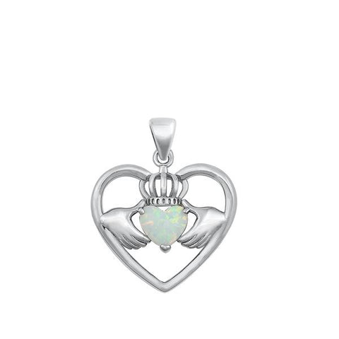 Sterling Silver Claddagh in Heart 19mm White Lab Opal Pendant