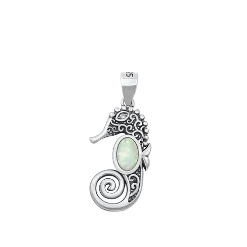 Sterling Silver Seahorse White Lab Opal Pendant